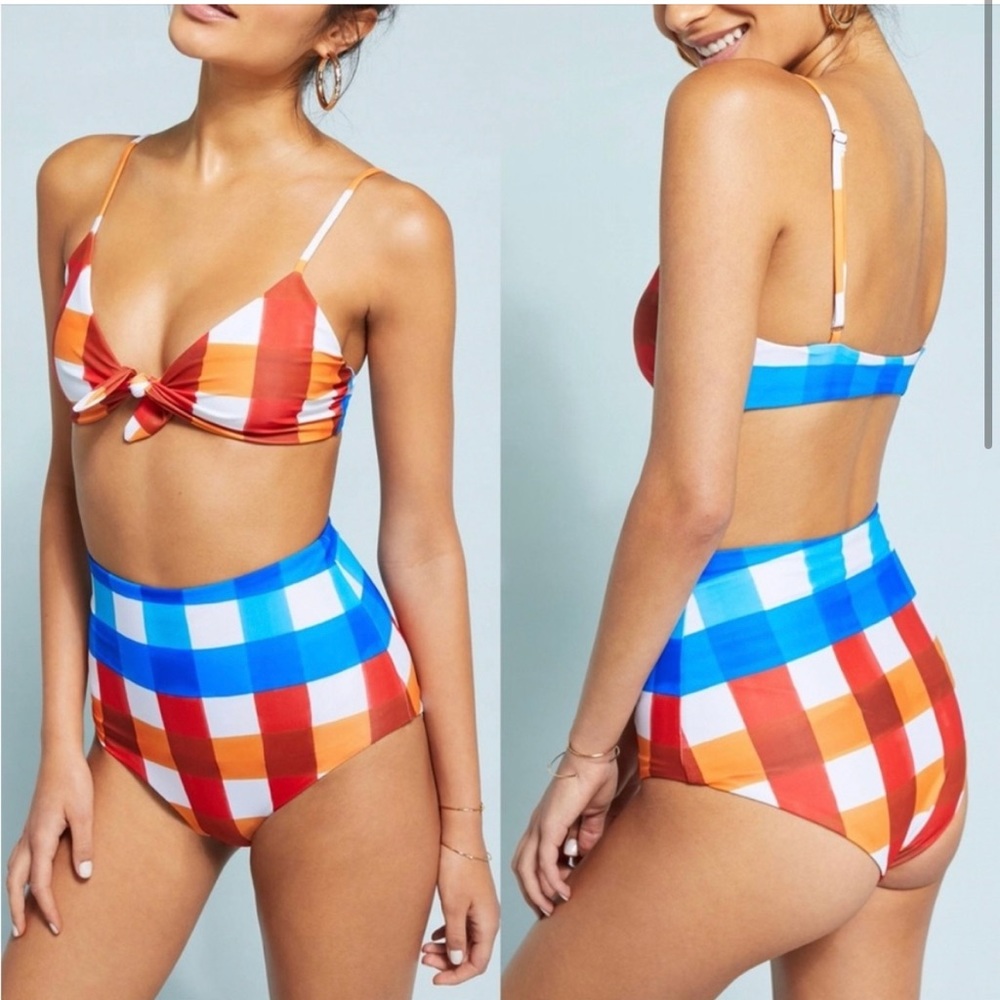 ISO Mara Hoffman Plaid High-Waisted Bikini Bottoms